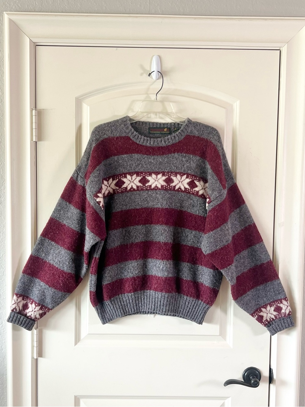 Vtg Hunting Horn J Riggins Shetland Wool Sweater Striped Snowflake Crewneck L